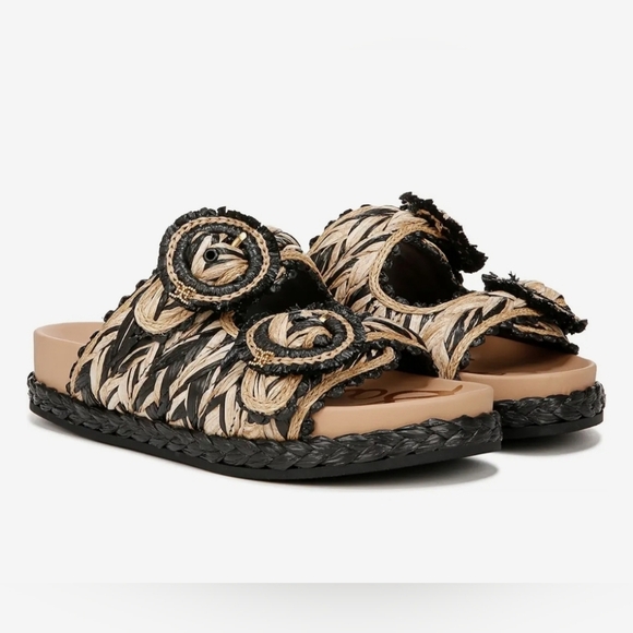 Sam Edelman Reina Raffia Woven Slide Sandal Buckle Black & Tan Size 10 - Picture 2 of 9